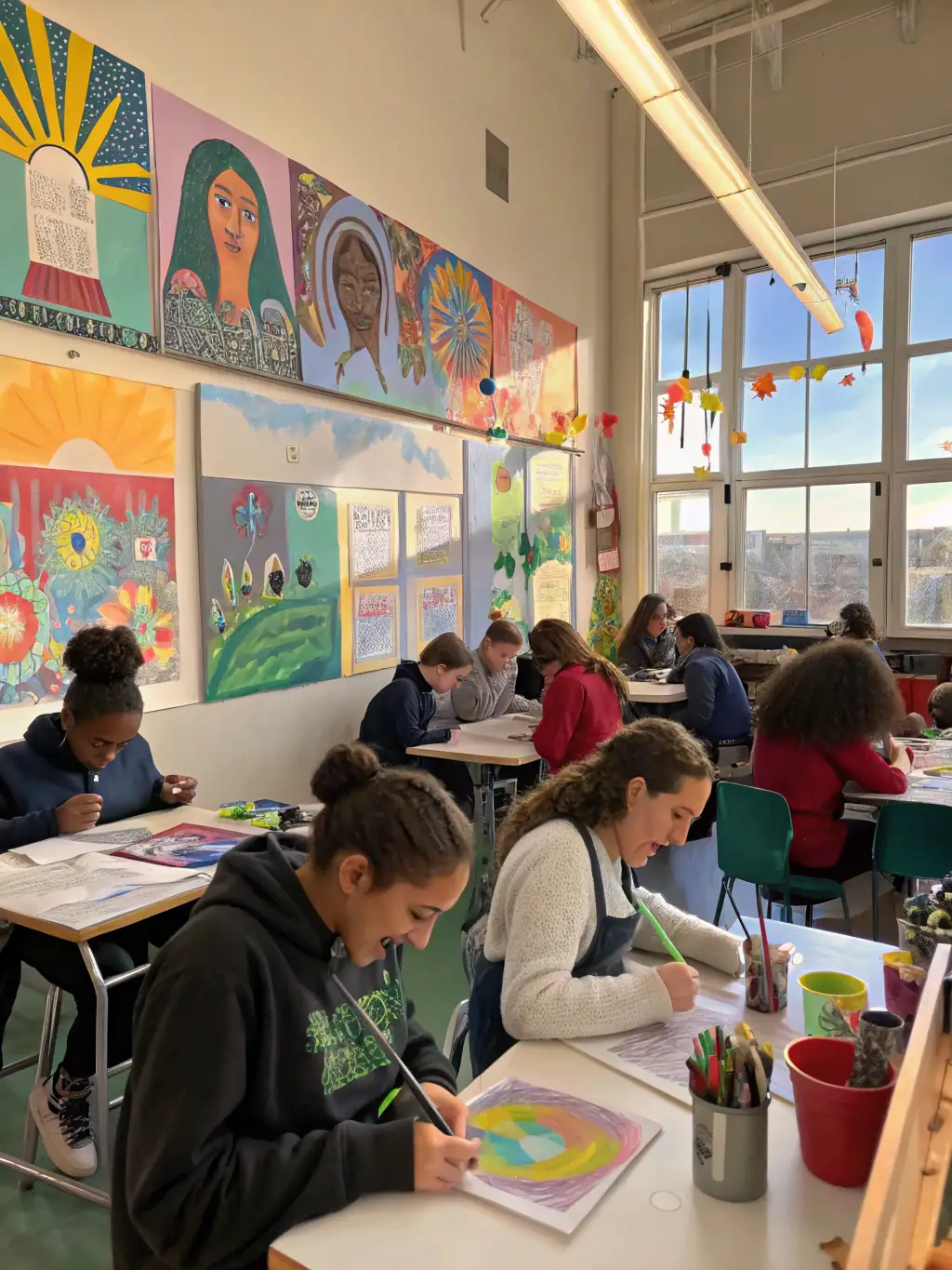 A photo of participants in a maritime-themed art class, creating paintings and sculptures inspired by the sea and ships, fostering creativity and appreciation for maritime culture.