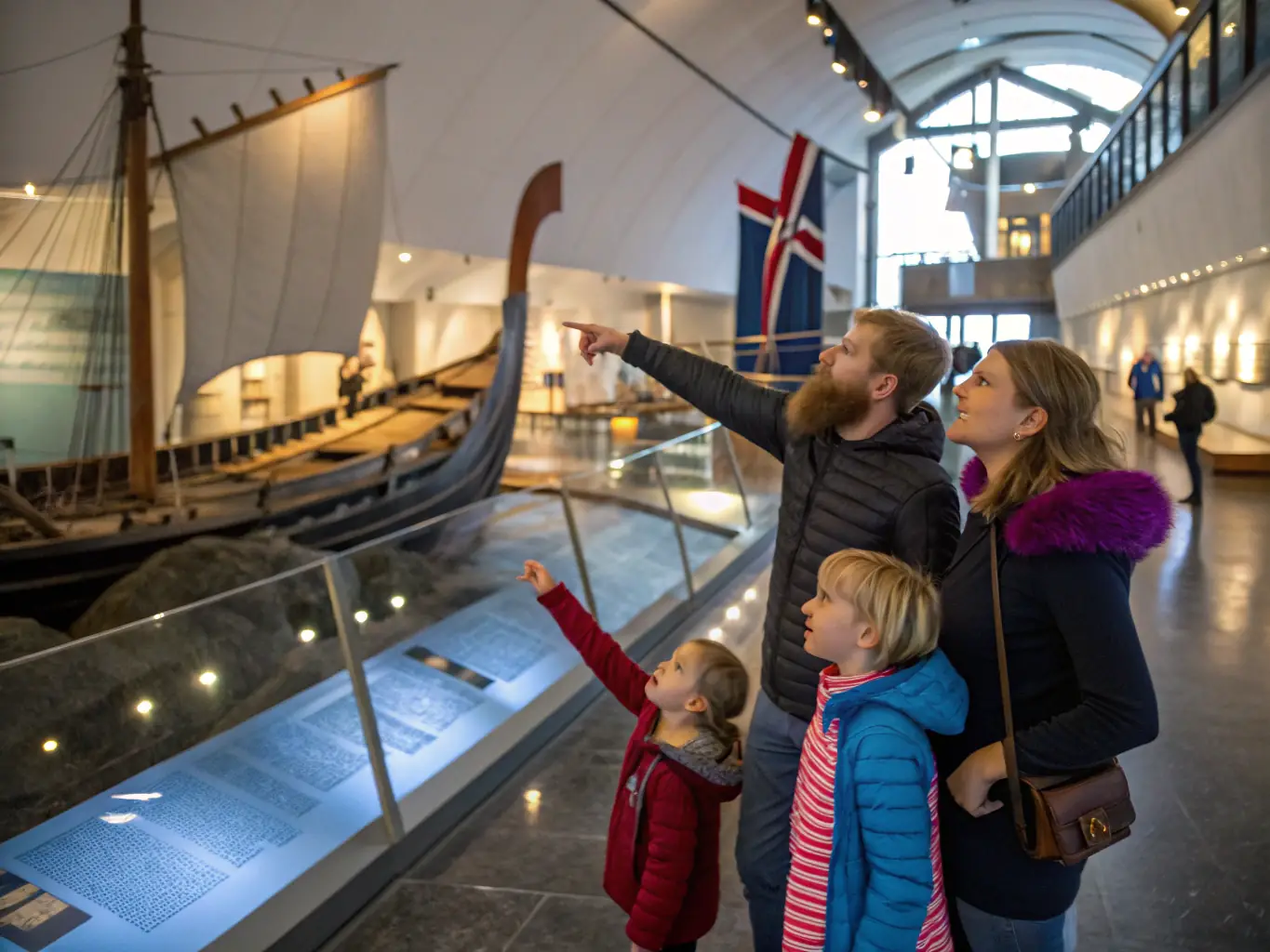 A group of children and adults exploring a historic ship exhibit with a guide explaining maritime artifacts. The scene is educational and engaging, showcasing the interactive nature of the tour.