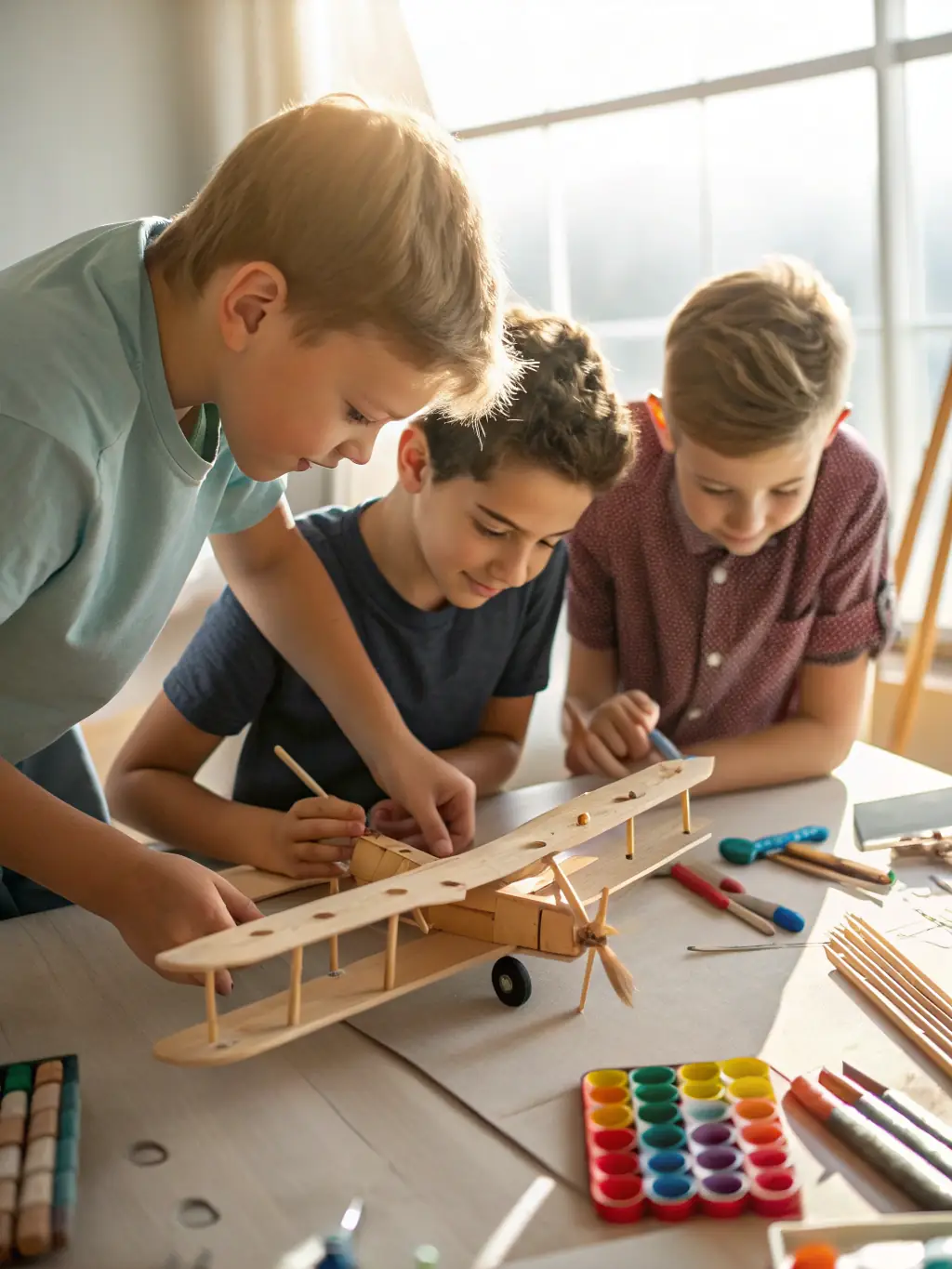 A group of children participating in a hands-on shipbuilding workshop at the maritime museum, focusing on teamwork and learning about traditional boat construction techniques.