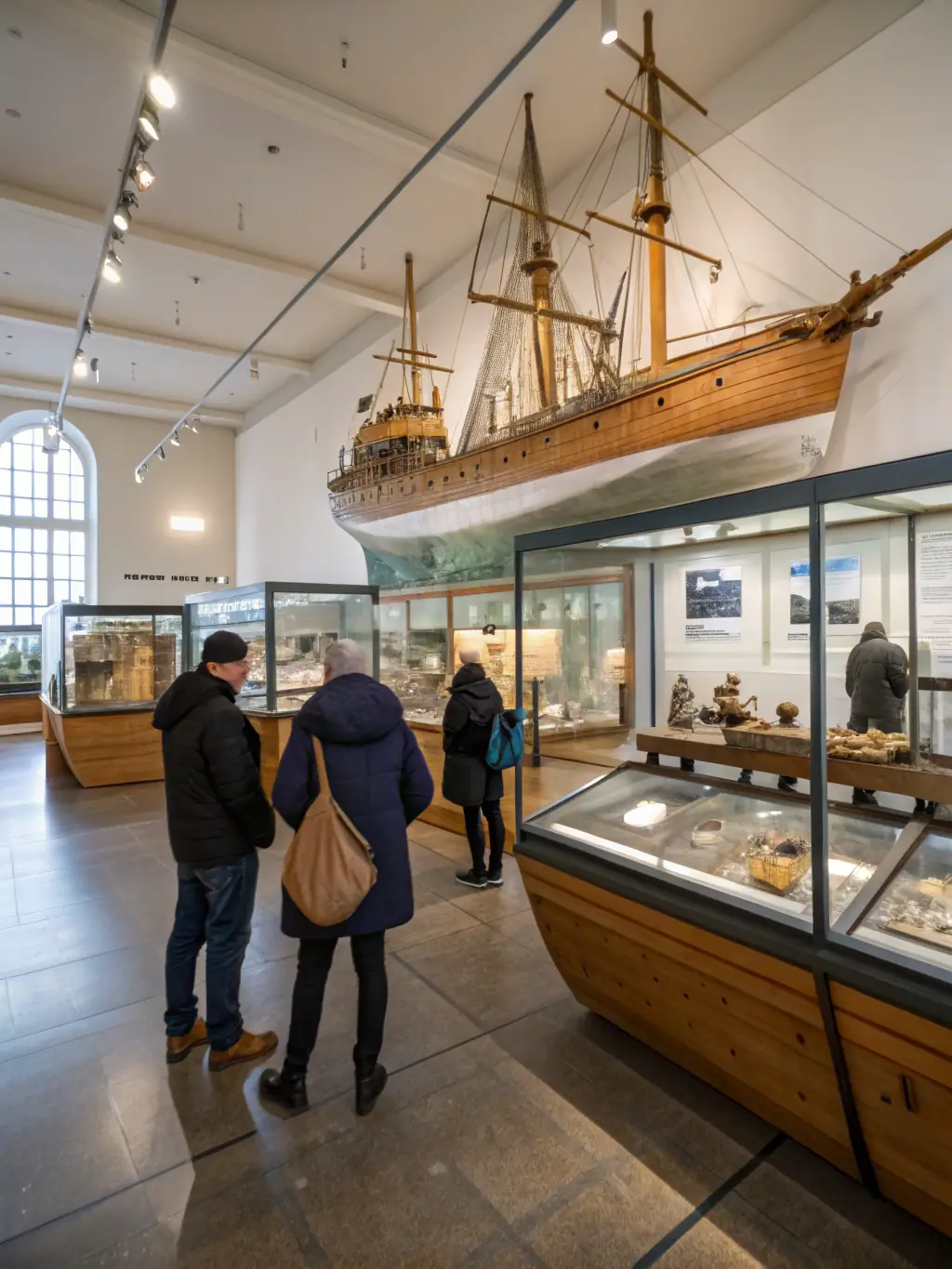 A picture of a guided tour group exploring the maritime museum, led by a knowledgeable guide who is explaining the significance of a historical artifact.